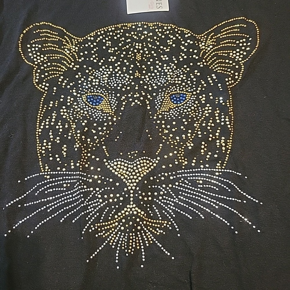 Tultex Womens Graphic Shirt Large Black Rhinestones Leopard Short Sleeve NEW